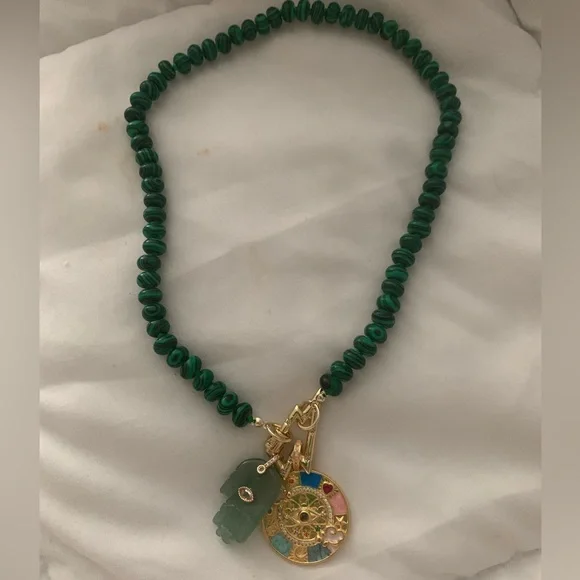 Marla Aaron Inspo Malachite Rondelle Strand w/ Hand Charm Zodiac Medallion NWT! - Picture 4 of 6
